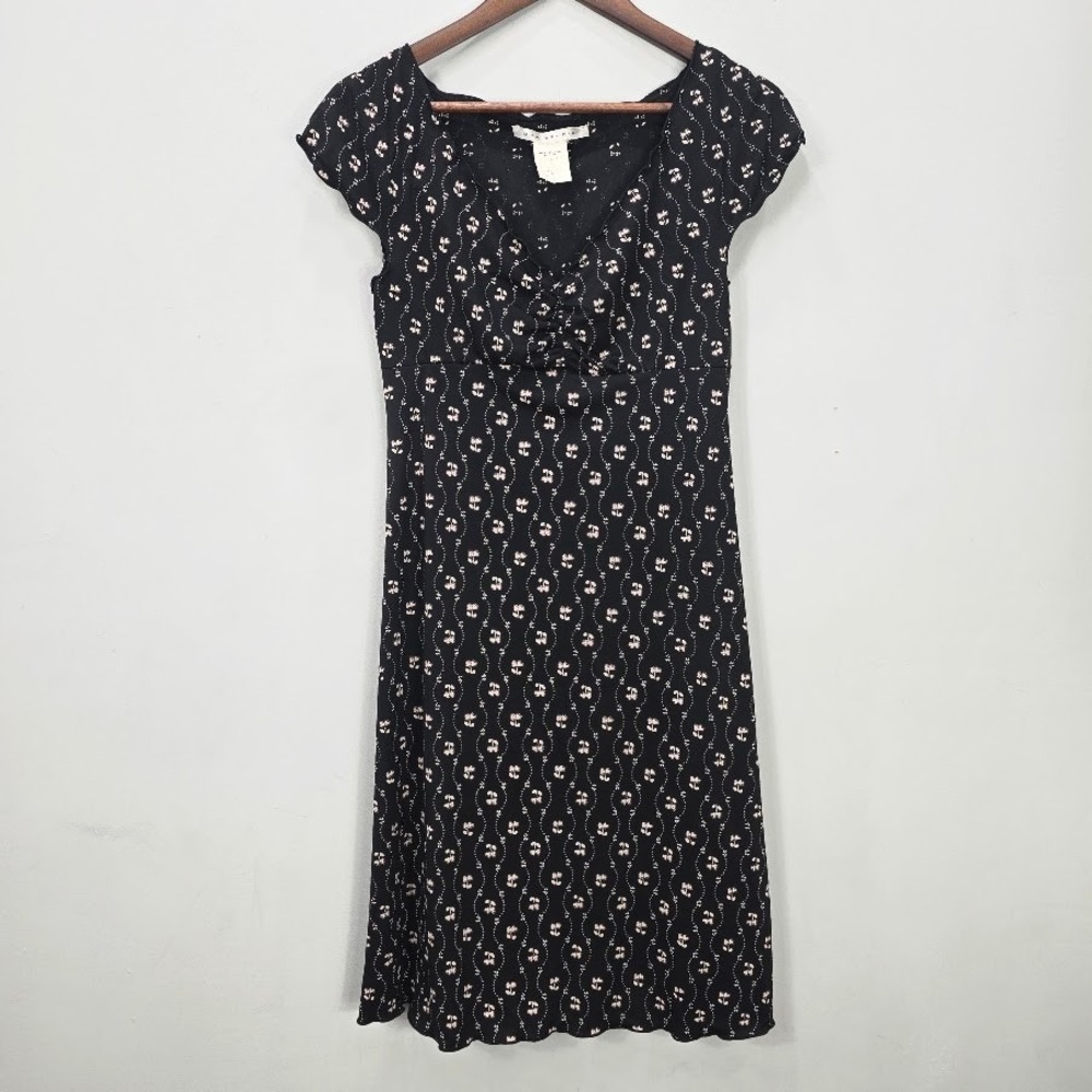 Vtg 90s Y2K Max Studio Midi Dress XS Black Floral Cap Sleeve Babydoll Whimsigoth